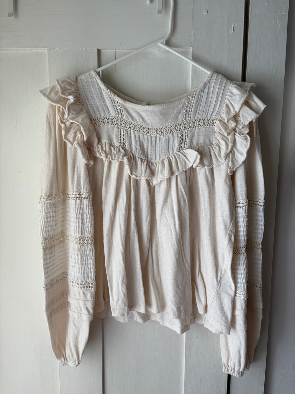Anthropologie Cream Ruffle Crochet Long-Sleeve Top